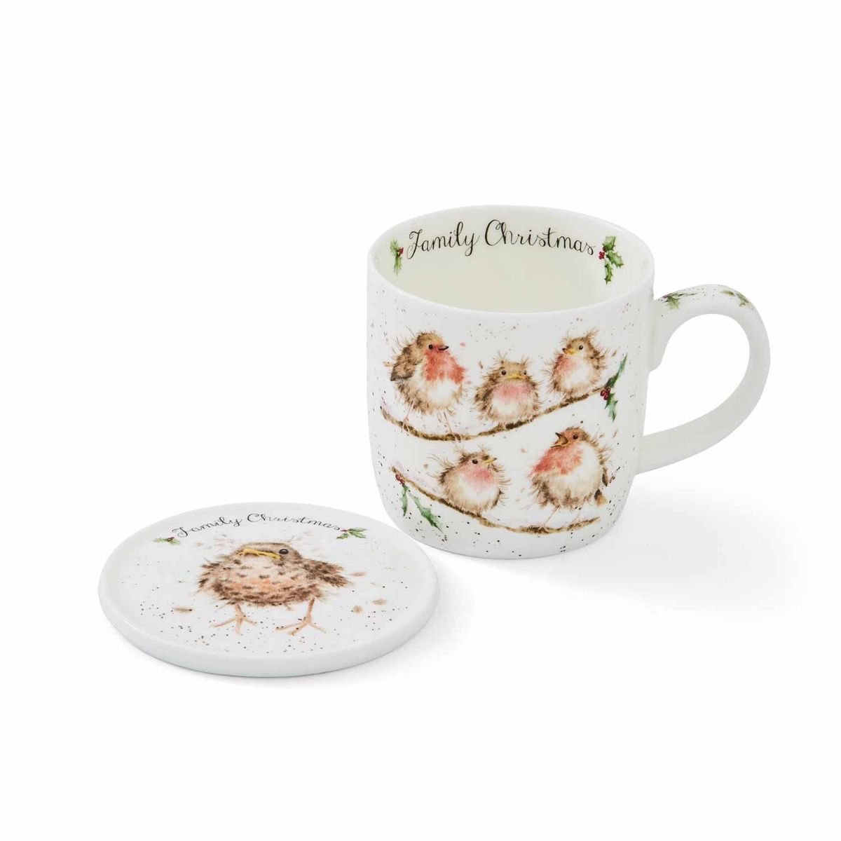 'Family Christmas' robin mug and coaster set