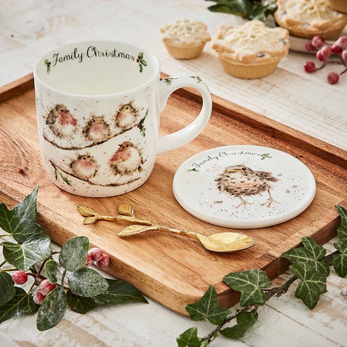 'Family Christmas' robin mug and coaster set